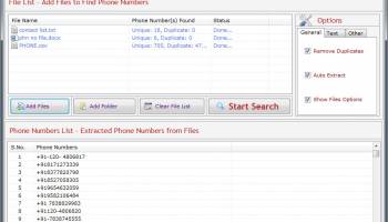 Phone Number Extractor Files Software screenshot